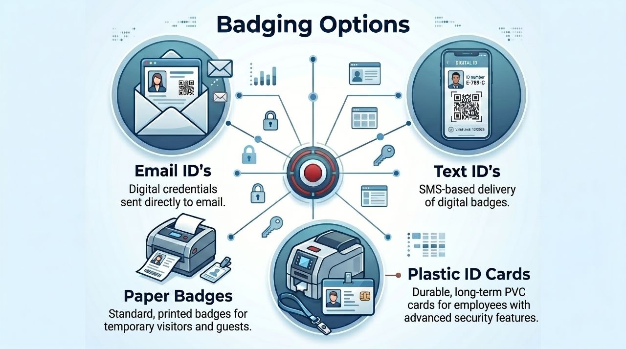 PeopleTrack visitor management software badging options: email IDs, text IDs, paper badges, and plastic ID cards